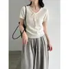 Suéter de tricô LUXI 100% lã com gola alta e decote V de manga curta para mulheres, estilo versátil suave de outono ss1110
