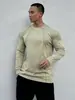 Camiseta Deportiva Casual de Moda para Hombre, Estilo Americano Musculoso, Color Sólido, Ante, Manga Larga, Capa Base para Fitness, Primavera y Otoño