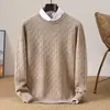 Suéter Masculino Gola Redonda Cor Sólida Manga Longa Malha Jacquard Solto Tamanho Grande Camada Base 100% Lã Pura Outono e Inverno