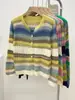 Cárdigan Suéter de Punto Europeo Transfronterizo de Colores para Mujer Primavera Nuevo Cuello en V Rayado Hueco Top Base Suéter de Manga Larga