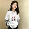 Camiseta Manga Longa Patchwork Cartoon Algodão Puro para Meninas Top Casual Soltinho Estilo Coreano Camisa Base Camada Falsa Duas Peças Primavera e Outono para Crianças
