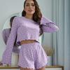 Pijama Transfronteiriço Europeu e Americano Novo Estilo Slim Fit Respirável Confortável para Mulheres Moda Outono Estampado Manga Longa Shorts Roupa de Casa Venda por Atacado