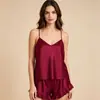 Conjunto feminino sexy de duas peças fino, camisola e shorts, em seda artificial europeia e americana, roupa de casa, pijamas sexy e atraentes