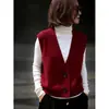 Chaleco de punto rojo retro francés con cuello en V para mujer, adecuado para ir al trabajo, de un solo pecho, elegante chaleco de punto para superponer