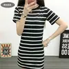 Vestido Novo de Comprimento Médio com Decote V, Slim Fit e Mangas Curtas, Vestido Bodycon Listrado Solto para o Verão 2024