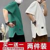 Camiseta Masculina de Verão com Gola Redonda, Manga Curta, Cor Sólida, Modelagem Solta, Tamanho Grande, Tecido Waffle Pesado Respirável, com Bolso Escondido