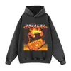 Sudadera con capucha retro lavada en negro con estampado de anime, corte holgado, talla grande, estilo hip-hop callejero, sudadera de punto para otoño e invierno, comercio exterior