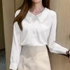 Camisa feminina moda elegante gola de boneca camisa de renda francesa com contas manga comprida top