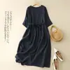 Vestido de Algodón y Lino de Color Sólido para Mujer Verano 2023, Corte Holgado con Cinturón, Cuello Redondo, Mangas Cortas, Falda Larga con Dobladillo Ancho, Estilo Retro Artístico