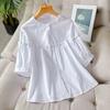 Camisa Blanca de Algodón Estilo Capullo con Lunares Redondos y Cuello Redondo para Mujer con Mangas de Tres Cuartos Verano 2026 Nuevo Estilo Holgado Top de Algodón Puro