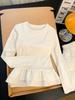 Camiseta de Manga Larga con Retazos de Encaje Estilo Ballet para Mujer, Nueva Camiseta Básica Ajustada Otoño 2024, Ropa Interior Estilo Ins con Cuello Redondo