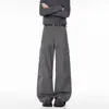 Pantalones anchos fluidos, pantalones rectos hasta el suelo, pantalones de trabajo de alta costura marrones deconstruidos con múltiples bolsillos para hombre, patchwork vintage