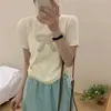 Camiseta de Verão Feminina de Alta Qualidade, Nova, com Laço, Gola Redonda, Ombro a Ombro, Manga Curta, Seda Gelada, Cor Contrastante, Emagrecedora, Versátil, Tendência