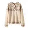 Suéter de Cashmere Jacquard Vintage com Meio Botão para Mulheres, Luxo Leve, Malha Macia e Quente, Camada Base de Manga Longa