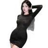 Lencería Sexy en un Estilo Prohibido con un Toque de Alta Gama, Vestido Elástico Ajustado de Cuello Redondo Brillante, Estilo Pura Pasión, de Manga Larga, Elegante Vestido Corto Bodycon