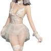Lencería Erótica Tallas Grandes Encaje Blanco Malla Transparente Nupcial Sexy Escote en V Profundo Body Conjunto de Vestido de Boda