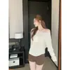 Suéter de Otoño para Mujer sin Hombros, Corte Holgado, Blanco Leche, Camiseta Base de Punto Fino