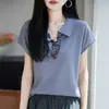 Camiseta Polo de Malha Gelo de Manga Curta com Decoração de Lenço de Seda de Alta Qualidade para Mulheres, Design de Verão Slim-Fit com Mangas Pequenas Leves