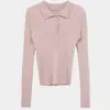 Camiseta Base de Punto con Cuello Solapa Dongdaemun Coreana Sencilla Cuello Polo Botón Canalé Adelgazante Manga Larga T
