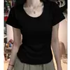 Algodão Puro Design Curto Senso de Estilo Ombro Direito Gola U Manga Curta Camiseta Feminina Verão Garota Quente Estilo Básico Versátil Slim Fit Cintura Marcada Top