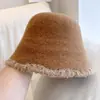 Sombrero de cubo lateral de felpa vintage japonés para mujer, sombrero de punto cálido de otoño e invierno, sombrero de cuenca de lana australiana, sombrero de pescador liso y elegante