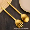 430 Cuadrado de Lijado Mango Cuchara y Tenedor para Ensalada Hogar Coreano Cola Inclinada Cuchara y Tenedor para Servir Restaurante Bañado en Oro Cuchara Pública Cuchara de Servicio