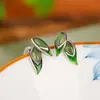 Brincos de Prata 925 Banhados a Ouro com Jade Hetian Folha de Esmeralda Criativos de Alto Padrão Pequenos Estilo Chinês Brincos de Prata