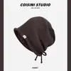 Chapéu de tricô estilo preguiçoso japonês cor pura folgado para mulheres com cordões para amarrar cobertura para a cabeça aba dobrada faz o rosto parecer menor gorro versátil moderno