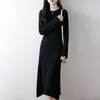 Vestido Largo de Punto Trenzado 100% Lana para Mujer, Cuello Redondo, Manga Larga, Jersey, Casual, Versátil Vestido de Cachemira de Corte A
