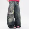 Jeans de Cintura Alta Ac Novo com Estampa 3D de Corrente de Doces, Perna Larga, para Homens e Mulheres, Corte Solto, Calça Longa
