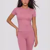 Juyitang Ropa de Yoga de Verano Adelgazante Tops Deportivos para Correr y Fitness Conjunto de Dos Piezas de Color Sólido con Mangas Cortas para Mujer