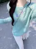 Suéter de Mohair Tejido Suelto con Aberturas y Lentejuelas para Mujer en Atmósfera de Primavera y Otoño Top Verde Menta
