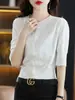 Moda Femenina de Verano Nuevo Estilo Coreano y Japonés Diseño de Color Sólido Cuello Redondo Algodón Puro Manga Corta Rebeca de Punto Elegante Top Básico