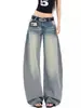 Jeans Americano Retrô Lavado de Cor Clara de Cintura Baixa Wide Leg para Mulheres, Primavera e Verão, com Design Bigode, Modelagem Solta, Emagrecimento, Calça de Comprimento Total