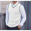 Colete de malha sem mangas com gola V para outono e inverno, suéter quente, colete de lã fino de cor sólida para homens