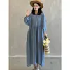 Vestido de Manga Larga Versátil de Contraste Azul a Cuadros, Cuello Redondo, Largo Medio, Holgado, Estilo Retro, Novedad Otoño 2026 para Mujer