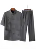 Conjunto de Duas Peças de Manga Curta Estilo Tang para Homens de Meia-Idade e Idosos com Bordado Tradicional de Dragão Chinês, Roupa Casual de Verão para o Pai, Roupa para Idosos