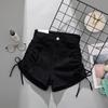 Shorts Jeans Apertados de Cintura Alta Verão Finos 2025 Design de Cordão Tira Cintura Linha A Hot Pants Stretch Roupas Femininas