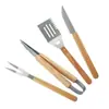 Juego de Acero Inoxidable de Tres Piezas Transfronterizo con Mango de Roble, Tenedor para Asar, Espátula y Pinzas, Juego de Herramientas para Barbacoa de 4 Piezas para Uso al Aire Libre, Herramientas Portátiles para Asar