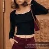 Moda Sexy Sexy de Exportación Europea y Americana para Mujer con Costuras de Encaje y Lazo Cuello Cuadrado Manga Larga Ajustada Camiseta Top