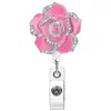 Carretel de Crachá Retrátil Giratório com Fivela de Puxar Fácil, Rosa de Metal com Strass, Ponto Simples Diamante Rosa