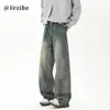 Jeans estilo americano com lavagem desgastada, corte cleanfit para homens, calça casual versátil de perna reta, solta, tendência, novo, retrô