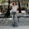 Jeans Americano Estilo Verão 2026 Tendência Padrão Raio Halo Lavagem Desgastada Modelador Cintura Baixa Solto Perna Larga para Mulheres