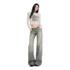 Jeans de pierna recta, tiro bajo, diseño desgastado lavado en color Naranja Juvenil para mujer, corte holgado, adelgazantes, favorecedores, únicos y versátiles, pantalones de largo hasta el suelo