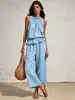 Conjunto casual para mujer transfronterizo: conjunto de dos piezas transpirable para ir al trabajo: top sin mangas con cuello halter y volantes y pantalones de pierna ancha