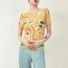 Top de Lujo con Pliegues de Manga Corta para Mujer Verano Estampado Ajustado de Alta Elasticidad Ceñido Talla Grande Cuello de Jardín Lujo Accesible Camiseta Miyake