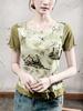 Camiseta Feminina com Estampa Floral e Renda Mesclada, Manga Curta, Nova Coleção Verão 2025, Design Falso de Duas Peças, Top Estilo Feminino