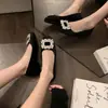 Tacones Altos Elegantes Negros de Terciopelo Estilo Chanel con Pedrería, Nuevos Zapatos de Moda Coreana con Tacón Grueso y Boca Baja para Mujer