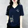 Camiseta de Manga Corta de Alta Calidad Transfronteriza para Mujer, Nuevo Estilo de Verano, Cuello en V, Moderna, Versátil, Estampada, Tendencia, Tallas Grandes, Ins