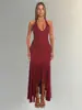 Vestido de fiesta cruzado para mujer, cuello halter, cuello en V, espalda descubierta, con amarre, dobladillo irregular, con volantes, estilo sirena
